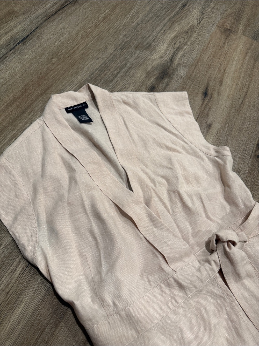 NWOT Sutton Studio Cream Tan Linen-Blend natural fiber Wrap Top - Picture 4 of 8
